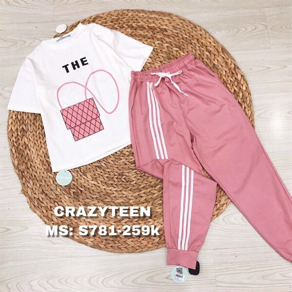 Set bộ thun da cá, set áo thun trắng in chữ The quần dài ống túm màu hồng mặc nhà,đi chơi cá tính