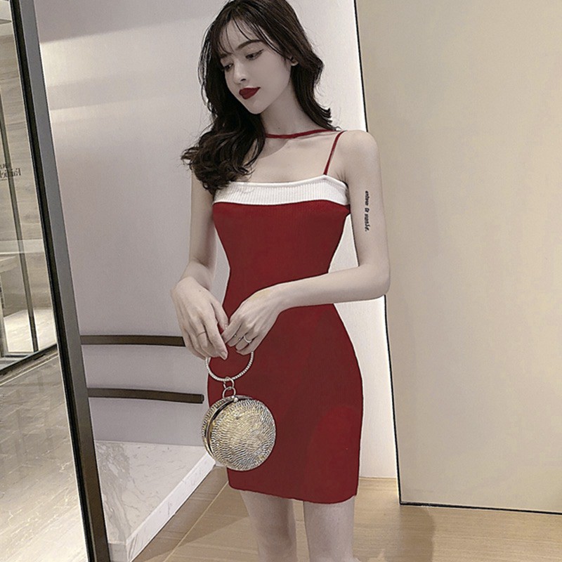 Đầm Dệt Kim Hai Dây Họa Tiết Kẻ Sọc Phong Cách Hàn Quốc