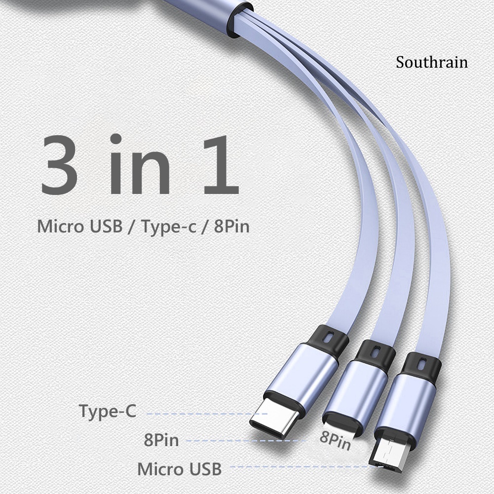 Southrain 3 in 1 Retractable Type-C 8Pin Micro USB 3A Fast Charging Cable Data Sync Cord