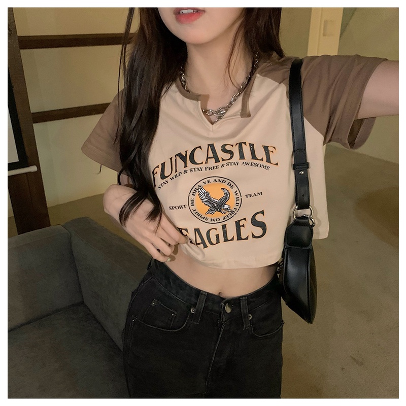 Áo Thun Nữ Ngắn Tay Cổ Tròn Gợi Cảm Phong Cách retro Mỹ
