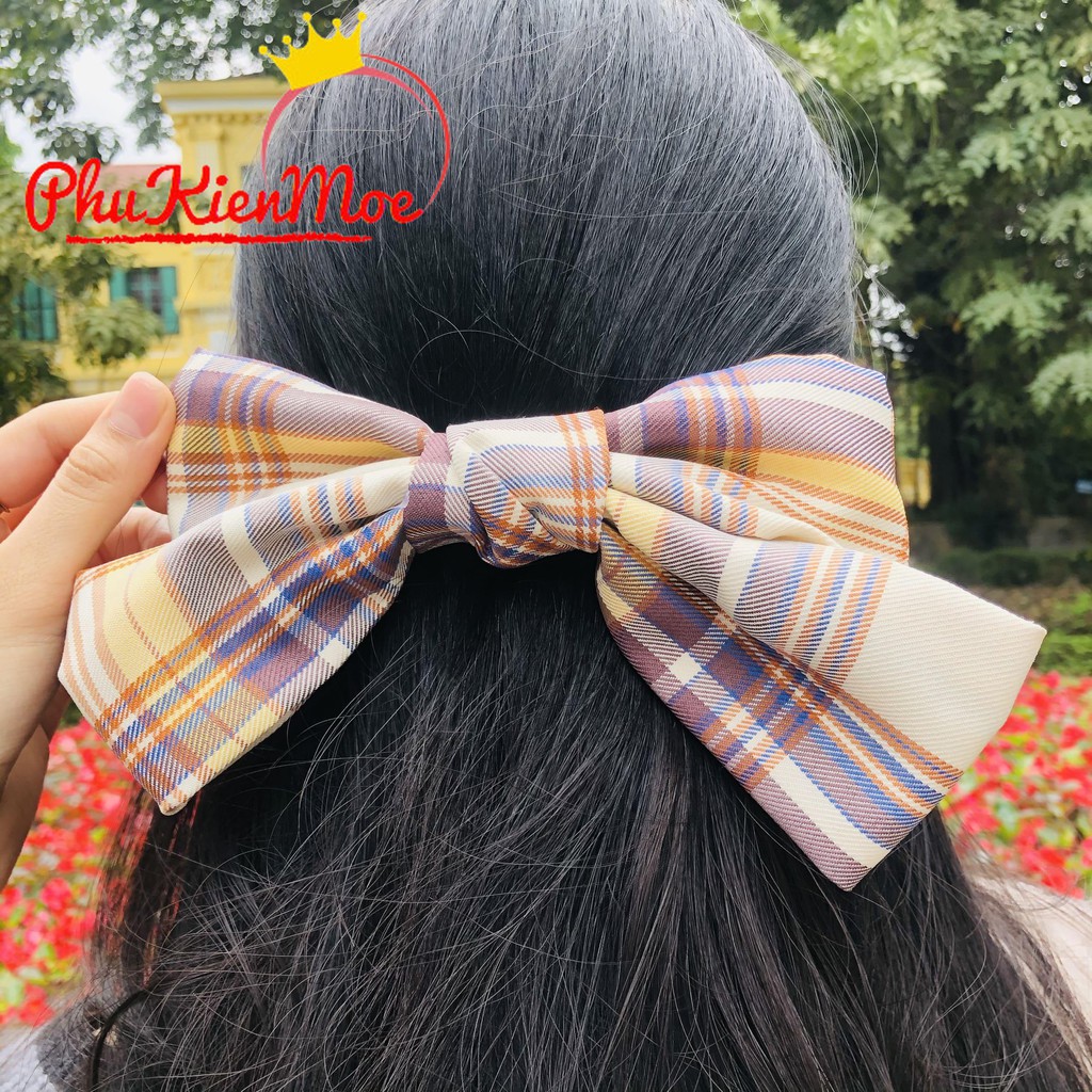 Kẹp tóc tiểu thư hình chiếc nơ kẻ nâu nhẹ nhàng nữ tính handmade