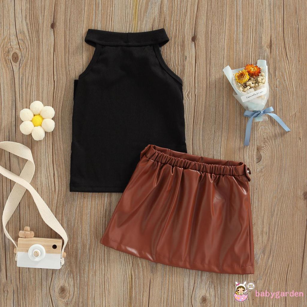 BABYGARDEN 6 Months-5 Years Baby Girls Set, Solid Color Round Neck Sleeveless Ribbed Tops+ Leather Skirt for Summer