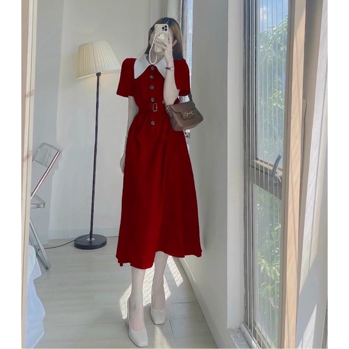ĐẦM MIDI ĐỎ CỔ PETER TRẮNG KÈM THẮT EO