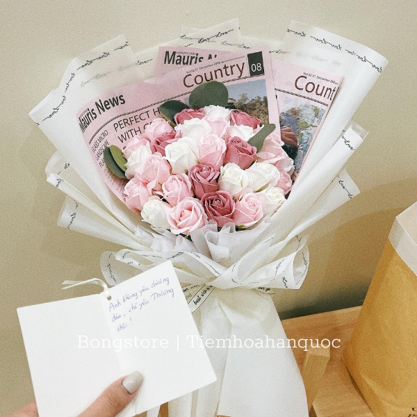 Bó hoa sáp Nàng Thơ 25 bông mix màu tone hồng làm quà tặng sinh nhật, 20/10