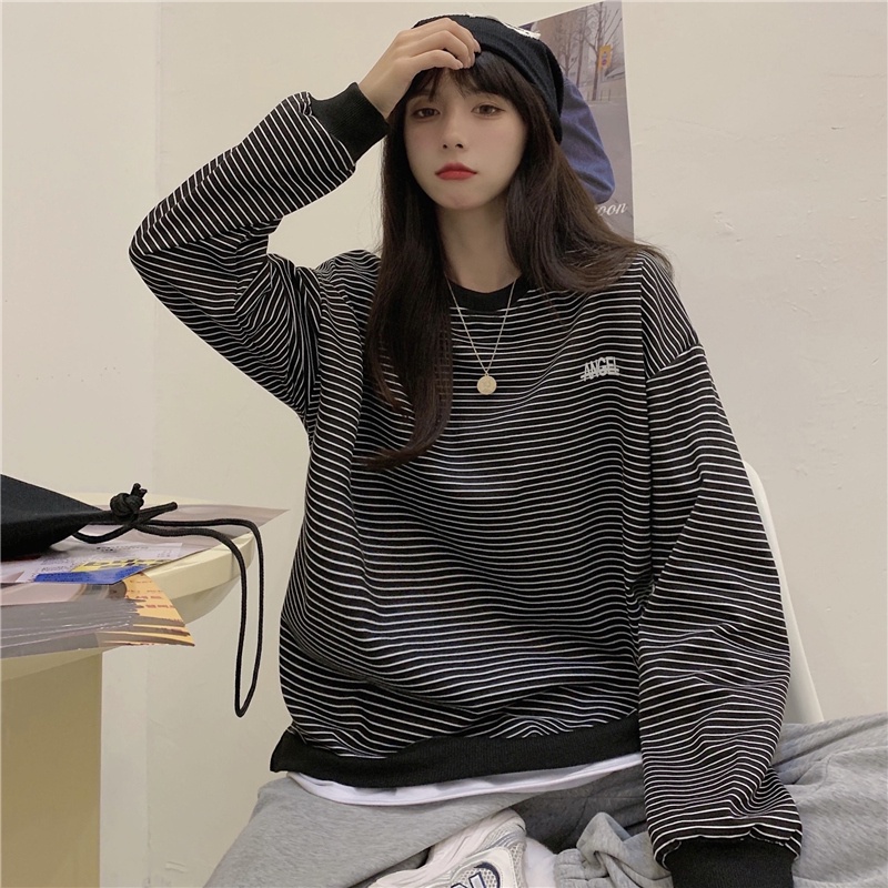 【ZHELIHANGFEI】Áo Thun Tay Dài Giả Hai Lớp Họa Tiết Kẻ Sọc Thời Trang Dễ Phối Đồ Cho Nữ