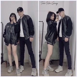 Áo khoác bomber da phối tay nhung tăm NAM NỮ