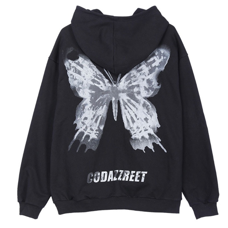 Áo khoác hoodie tay dài dáng rộng khóa kéo in hình bướm phong cách harajuku cho nữ