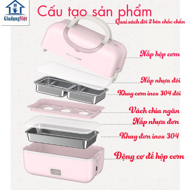 Hộp cơm cắm điện đa năng MOGAN MD666 - 2 Tầng 3 ngăn Màu Hồng - Tặng Kèm Bộ Thìa Đũa Inox | BigBuy360 - bigbuy360.vn