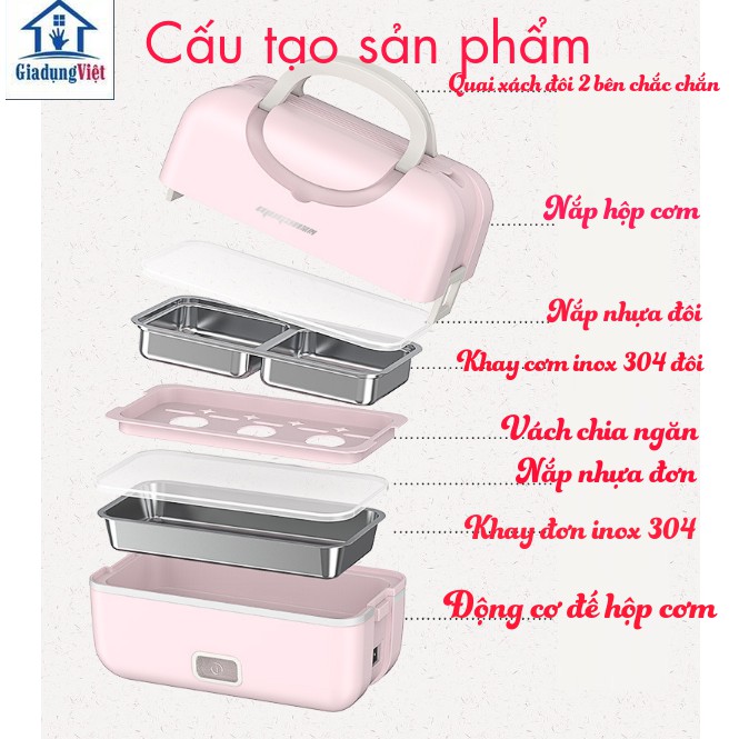 Hộp cơm cắm điện đa năng MOGAN MD666 - 2 Tầng 3 ngăn Màu Hồng - Tặng Kèm Bộ Thìa Đũa Inox