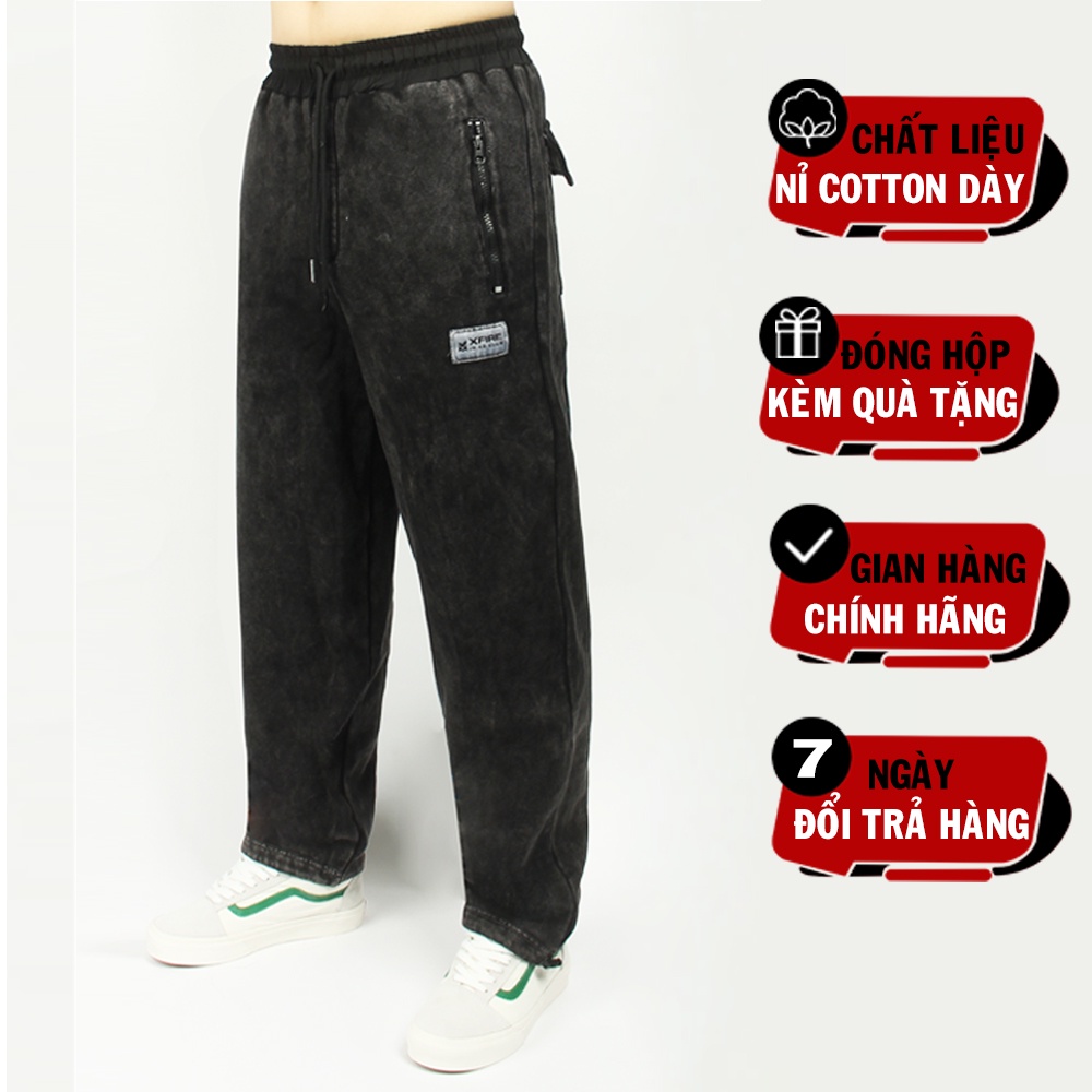 Quần Nỉ Nam Nữ Ống Rộng Dài Vải Cào Cotton Dày Dặn Washed Đen Oversized - Thương Hiệu XFIRE. QD-EWNI-WD522