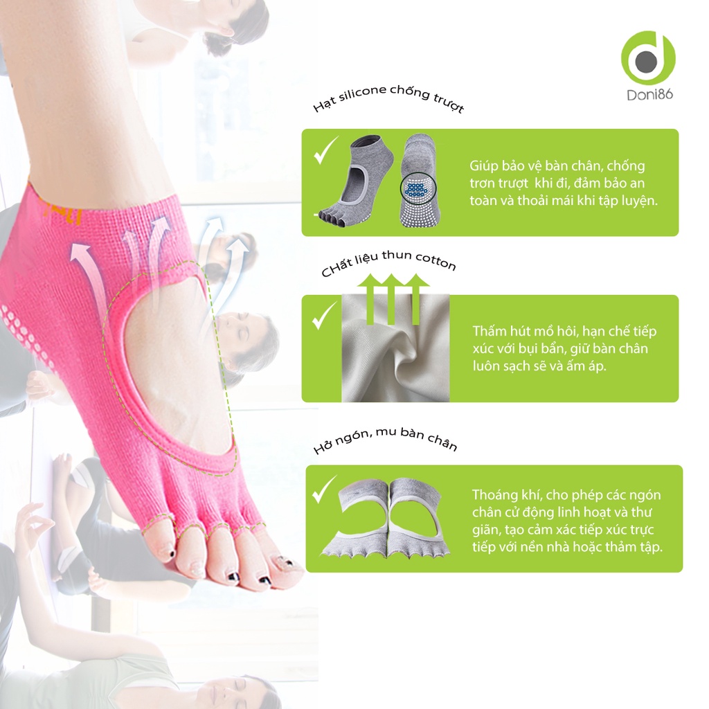 Vớ chân tập Yoga có hạt silicone chống trượt, mát xa lòng bàn chân, bảo vệ bàn chân khỏi bụi bẩn - Doni - DOPK211