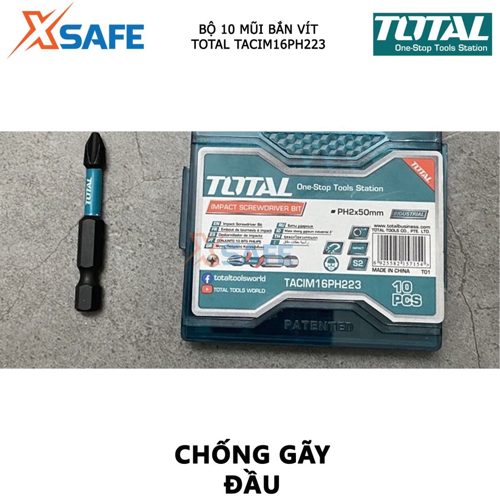 Bộ mũi bắt vít có từ TOTAL TACIM16PH223 | bộ 10 mũi siết vít PH2x50mm thép công nghiệp S2 tháo, siết vít nhanh chóng hơn