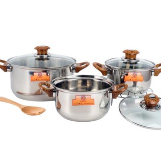 Bộ 3 Nồi Quai Gỗ, Nắp  Thủy Tinh MeiMan cao cấp 16-18-24