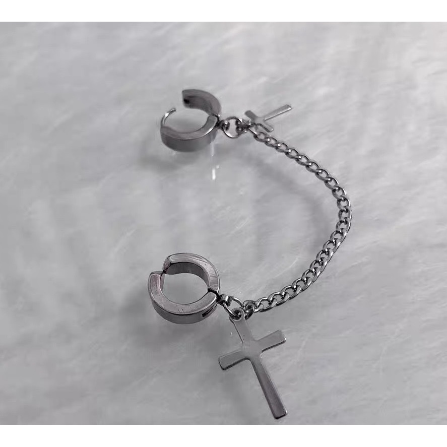 Khuyên Tai Nam Unisex Tròn Kẹp Vành 2T Eardrop Hình Chữ Thập Cá Tính Chất SAZ Màu Bạc Đẹp Titan - 2T Eardrop