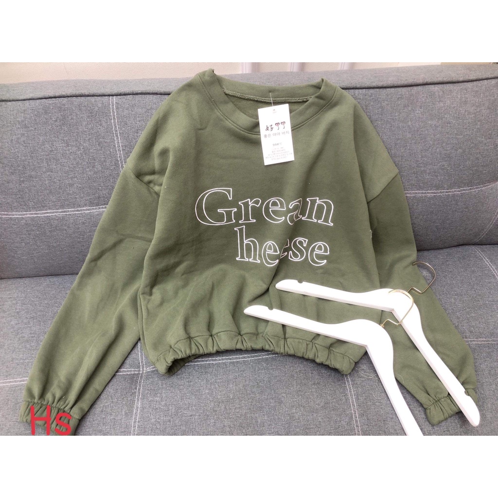 Áo croptop nỉ dài tay dáng thụng grean màu xanh in chữ cá tính, có ảnh và video thật, size s-xl
