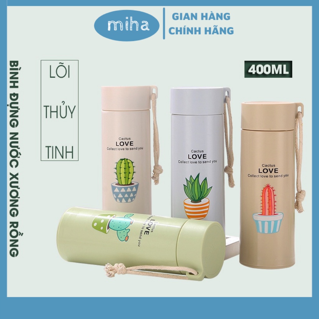 Bình đựng nước lõi thủy tinh họa tiết xương rồng dễ thương dung tích 400ml