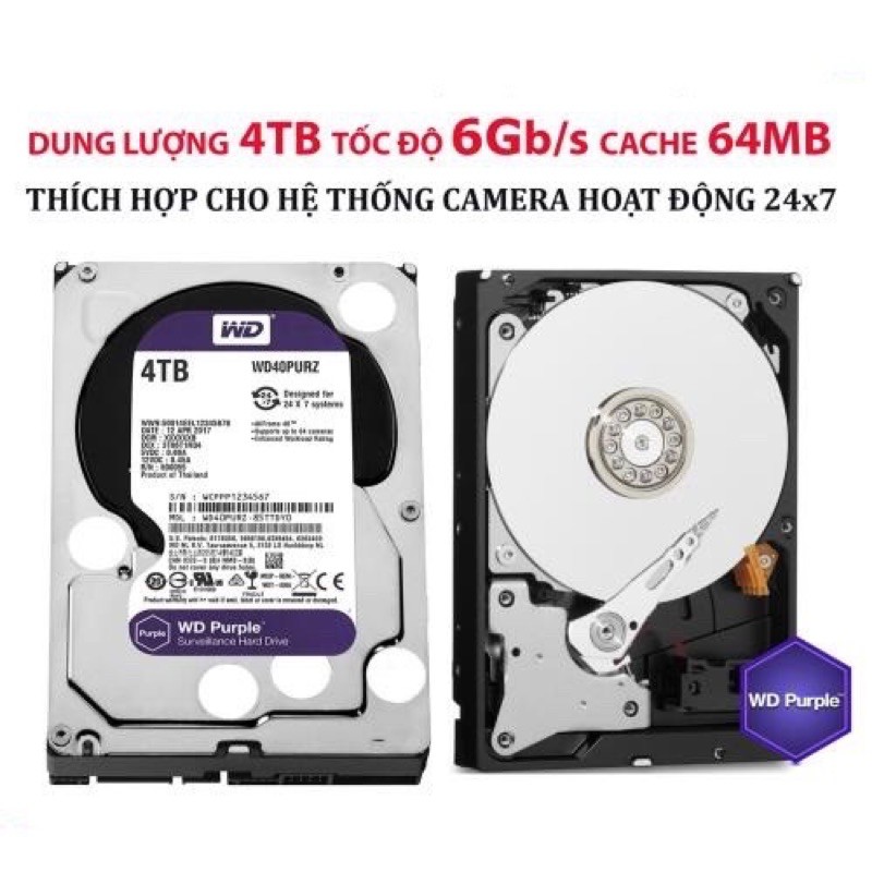 Ổ cứng HDD 4TB WD Tím cho Pc và camera Bảo hành 24T