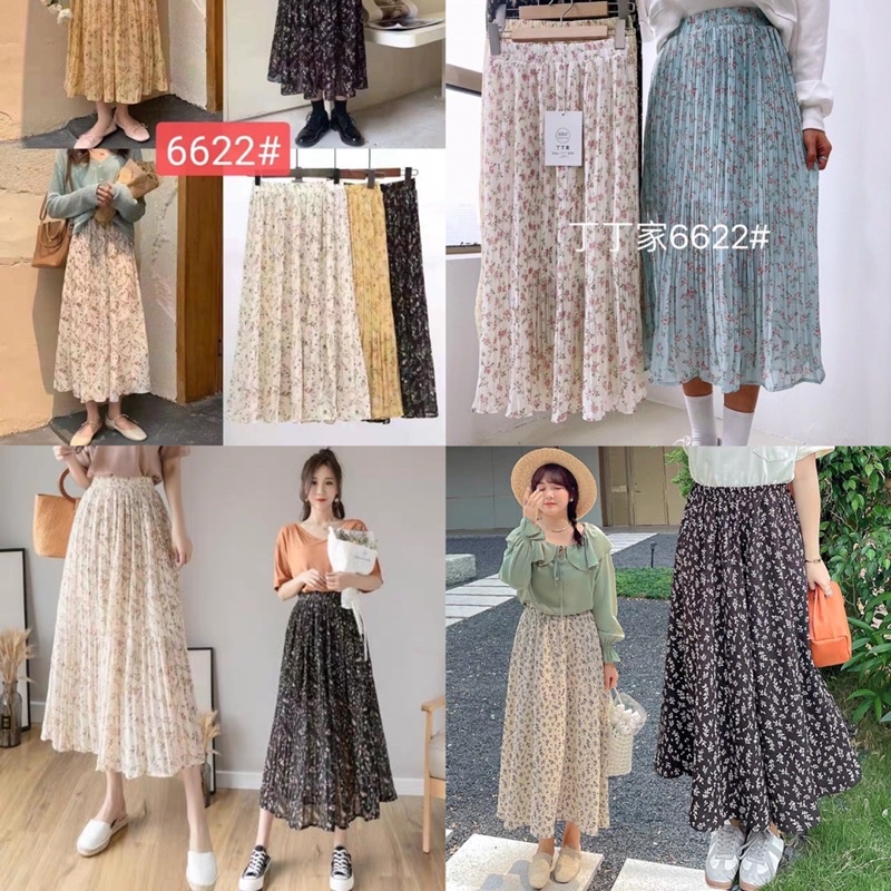 Chân váy hoa xếp li nhỏ Chân váy hoa nhí vintage dáng dài hàng Quảng Châu