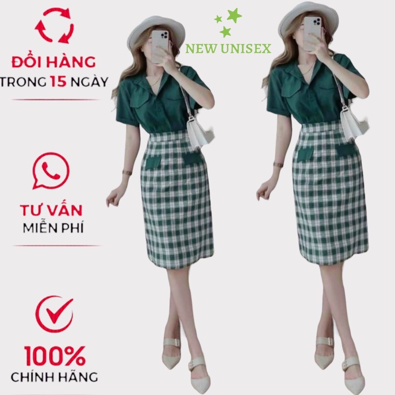 Đầm Rời Công Sở 2 Món Áo Đũi Xanh Lịch Sự Kèm Chân Váy Carô Chất Kate Bố Phù hợp Đi Làm, Đi Chơi Phong Cách Trẻ Trung [N