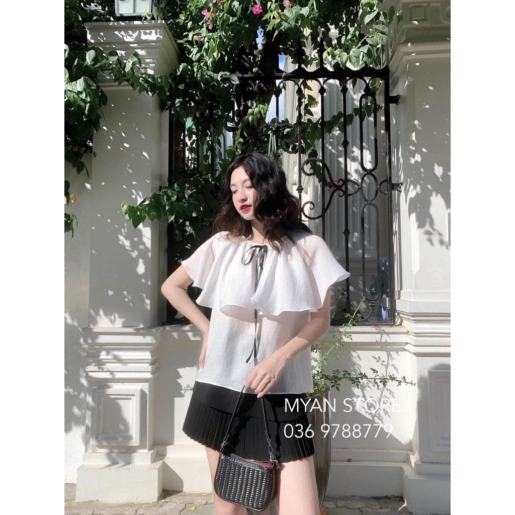 Áo cổ tròn phủ vai phối ruy băng đen Avn062105