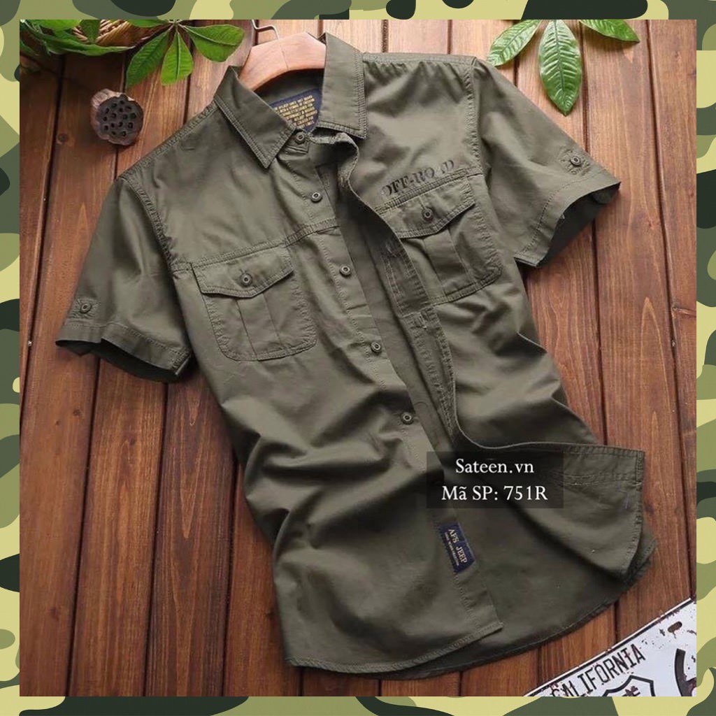 Sateen áo sơ mi lính khaki túi hộp nam ngắn tay phong cách mặc đi phượt, đi rừng, chạy mô tô chính hãng AFS JEEP