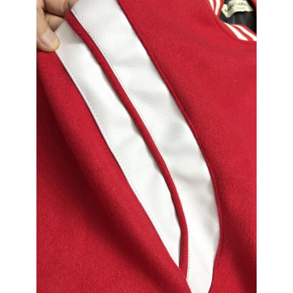 ÁO KHOÁC BOMBER VARSITY SLP SAINT LAURENT TEDDY YSL , ÁO KHOÁC DA LỘN ĐỎ MẬN NAM NỮ UNISEX