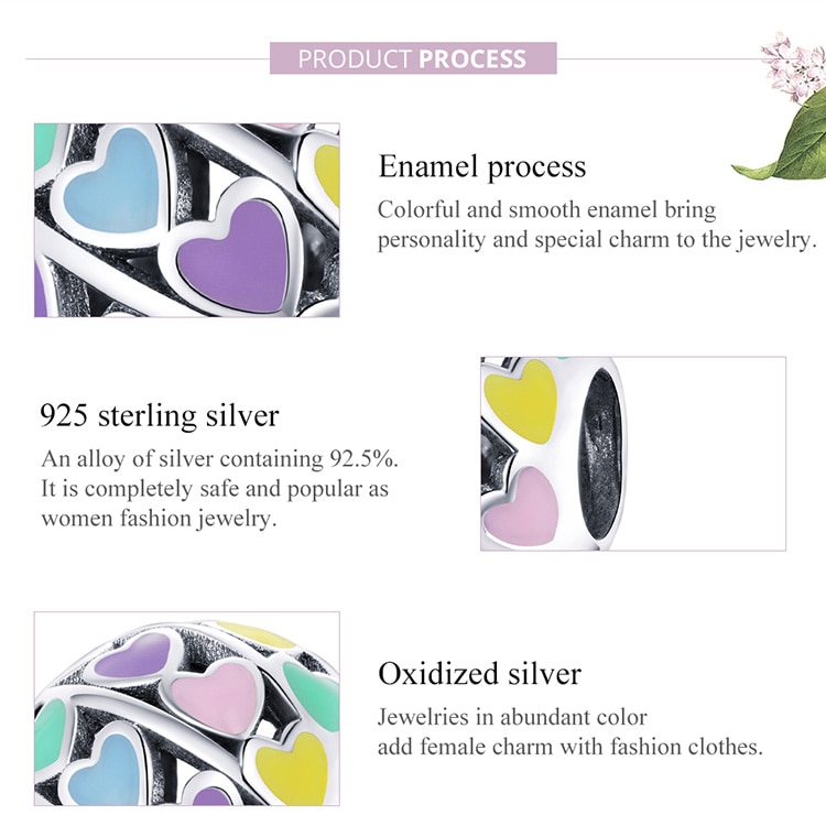 Hạt Trang Sức Bamoer SCC1758 Bằng Bạc S925 Hình Cầu Họa Tiết Nhiều Trái Tim Màu Sắc Cầu Vồng Dùng Làm Vòng Đeo Tay DIY