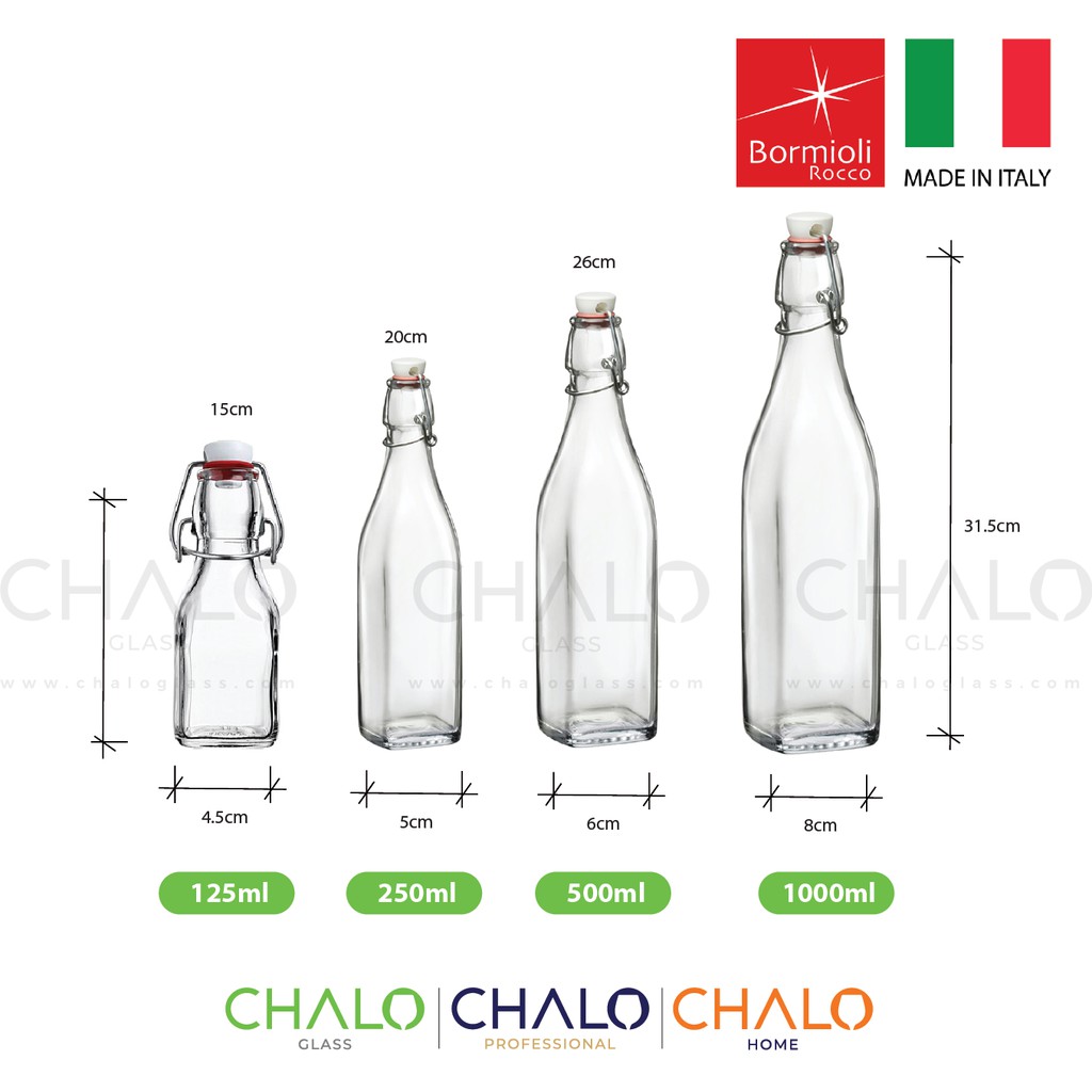 [Made in Italy] Chai thủy tinh nắp cài dáng vuông Bormioli Rocco Swing các cỡ 125 - 250 - 500 - 1000ml