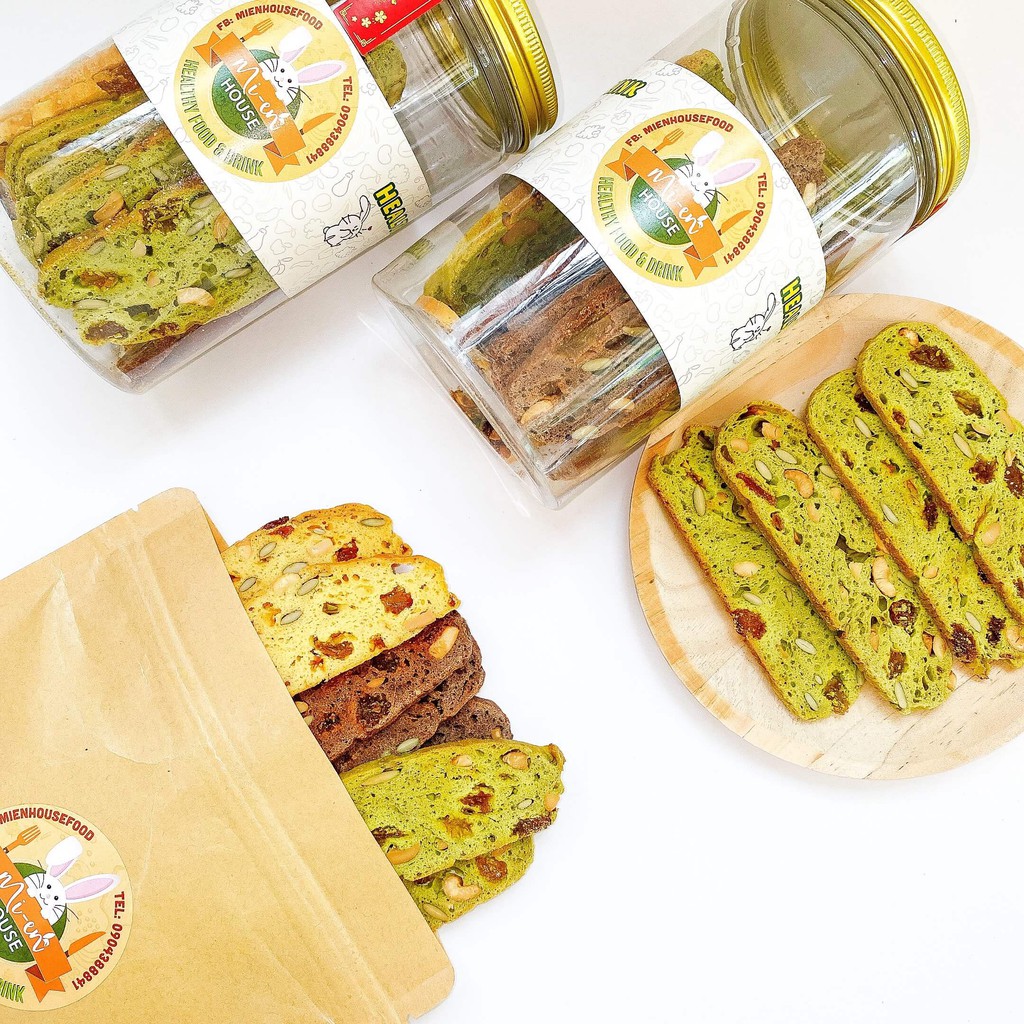 Bánh Biscotti mix 3 vị cacao, hạnh nhân, matcha và hạt ngũ cốc dành cho người ăn kiêng 100gr