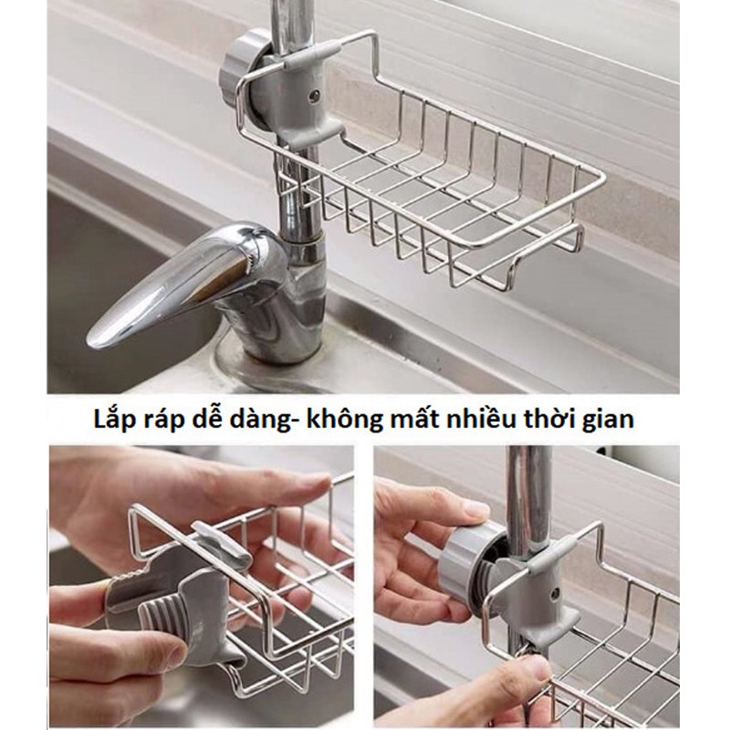 Giá để miếng rửa chén bằng inox - kệ inox 304 không gỉ đựng lưới rửa bát, cọ xoong treo vòi nước bồn rửa bát GD296