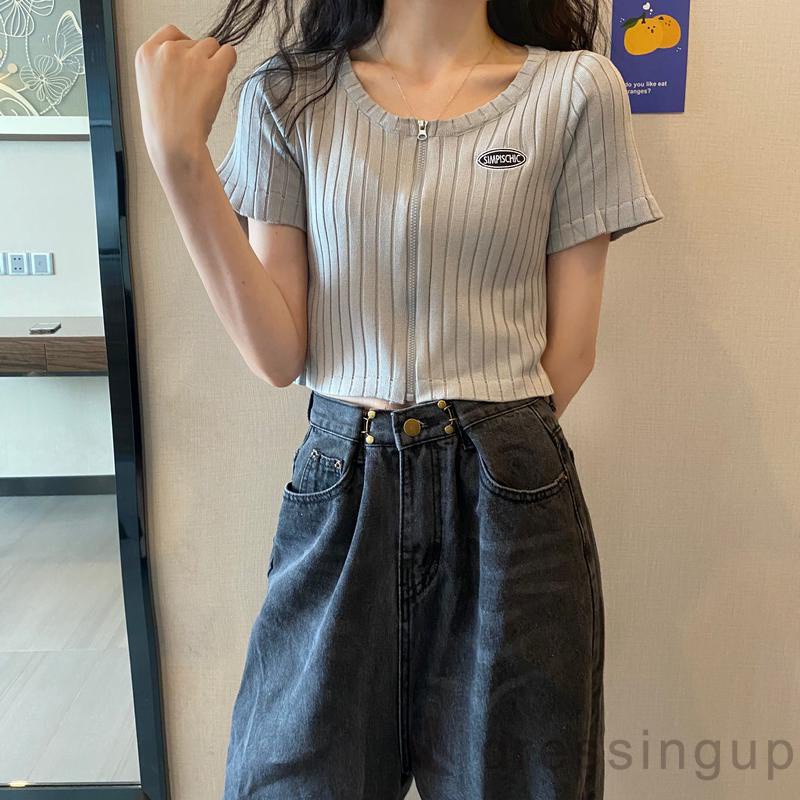 Áo Thun Tay Ngắn Có Khóa Kéo Thêu Chữ Quyến Rũ Dành Cho Nữ