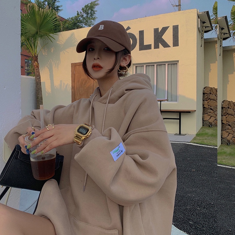 Áo Hoodies Tay Dài Màu Trơn Phong Cách Hàn Quốc