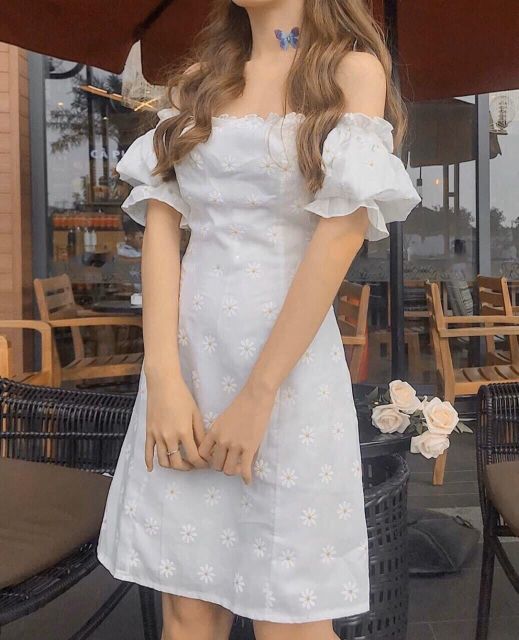 Đầm hoa cúc trắng cổ vuông tay phồng ⚡VIDEO THẬT ⚡HÀNG SẴN DSRT1199