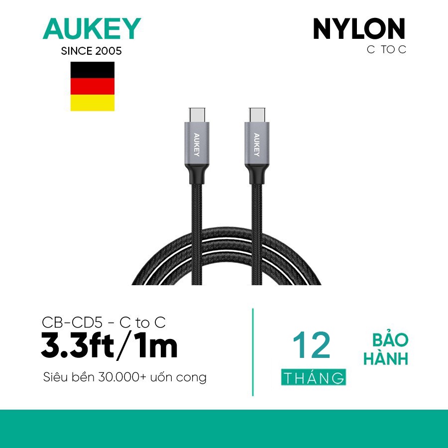Cáp Sạc TYPE C AUKEY C TO C CB-CD5 1 mét & 2 mét - Hàng Chính Hãng - Bảo Hành 12 Tháng
