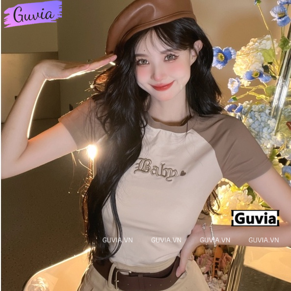Áo Croptop Ôm Body Nữ BABY THÊU Cổ Tròn Tay Ngắn, Áo Thun Croptop Kiểu Thêu Họa Tiết GUVIA CR85