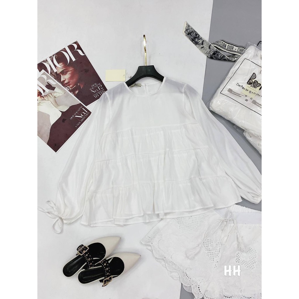 Áo babydoll dáng xòe tiểu thư áo kiểu dáng xòe cài cúc sau tay dài siêu xinh AN01