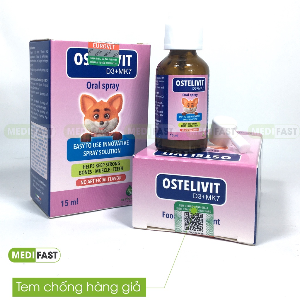 Bổ sung vitamin D3, K2 - Ostelivit D3+MK7 - giúp bé tăng cường hấp thu canxi, xương răng chắc khỏe - Lọ 15 ml từ Ý