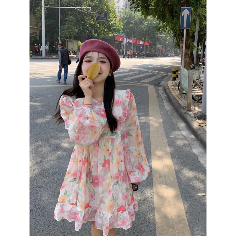 Đầm - Váy baydoll hoa nhí nhiều màu cổ sen dài tay dáng xòe ulzzang