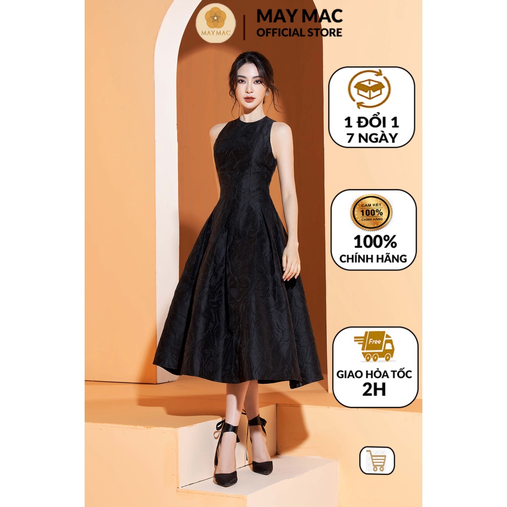 Váy gấm cổ tròn sát nách dáng xòe họa tiết in nổi sang trọng MAY MAC M20, M25