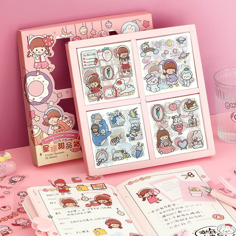 Set 100 tờ nhãn dán PET hình cô gái hoạt hình dễ thương