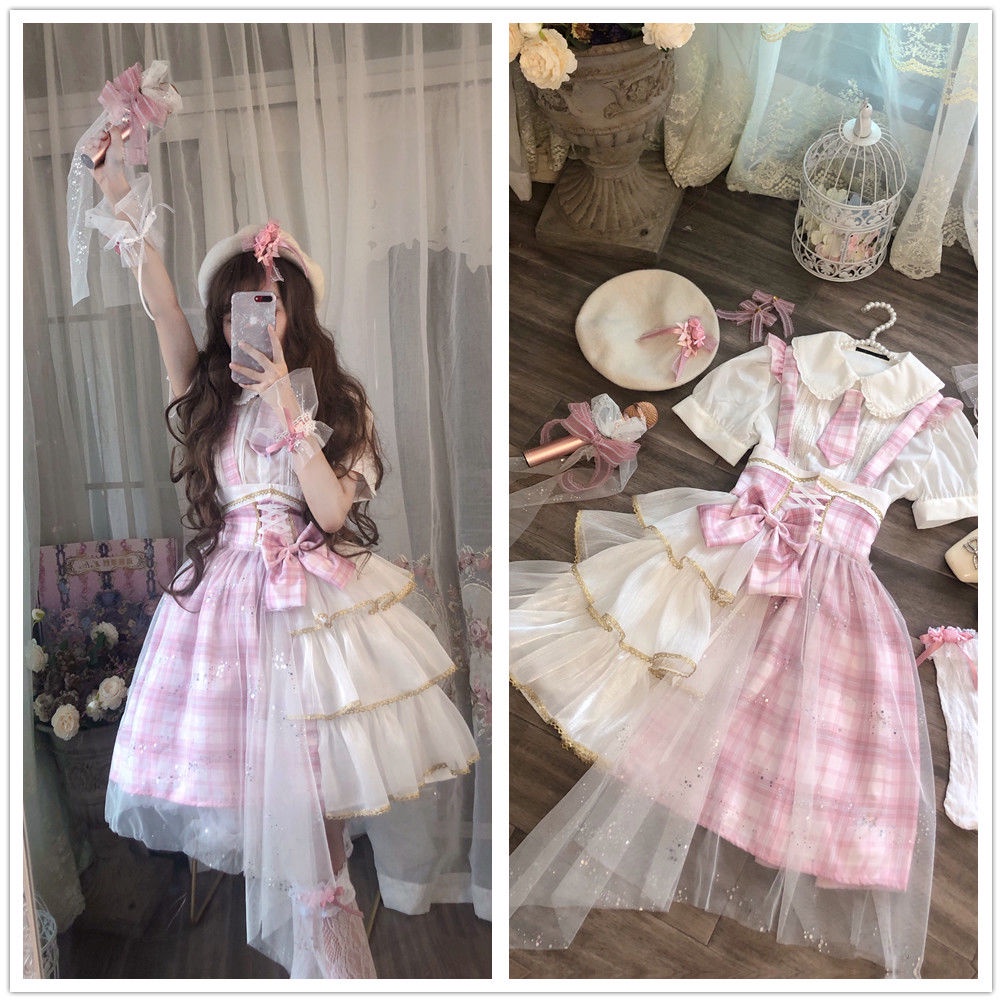 Váy Yếm Đồng Phục Lưng Cao Kẻ Sọc Ca Rô Đính Cà Vạt Kiểu Lolita Dễ Thương Cho Bé Gái
