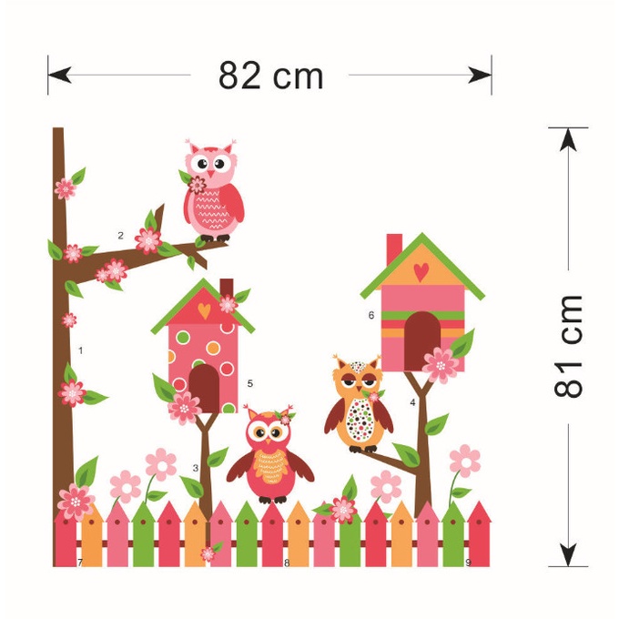 Decal trang trí tường - Ngôi nhà trên cành hoa của 3 chú cú mèo