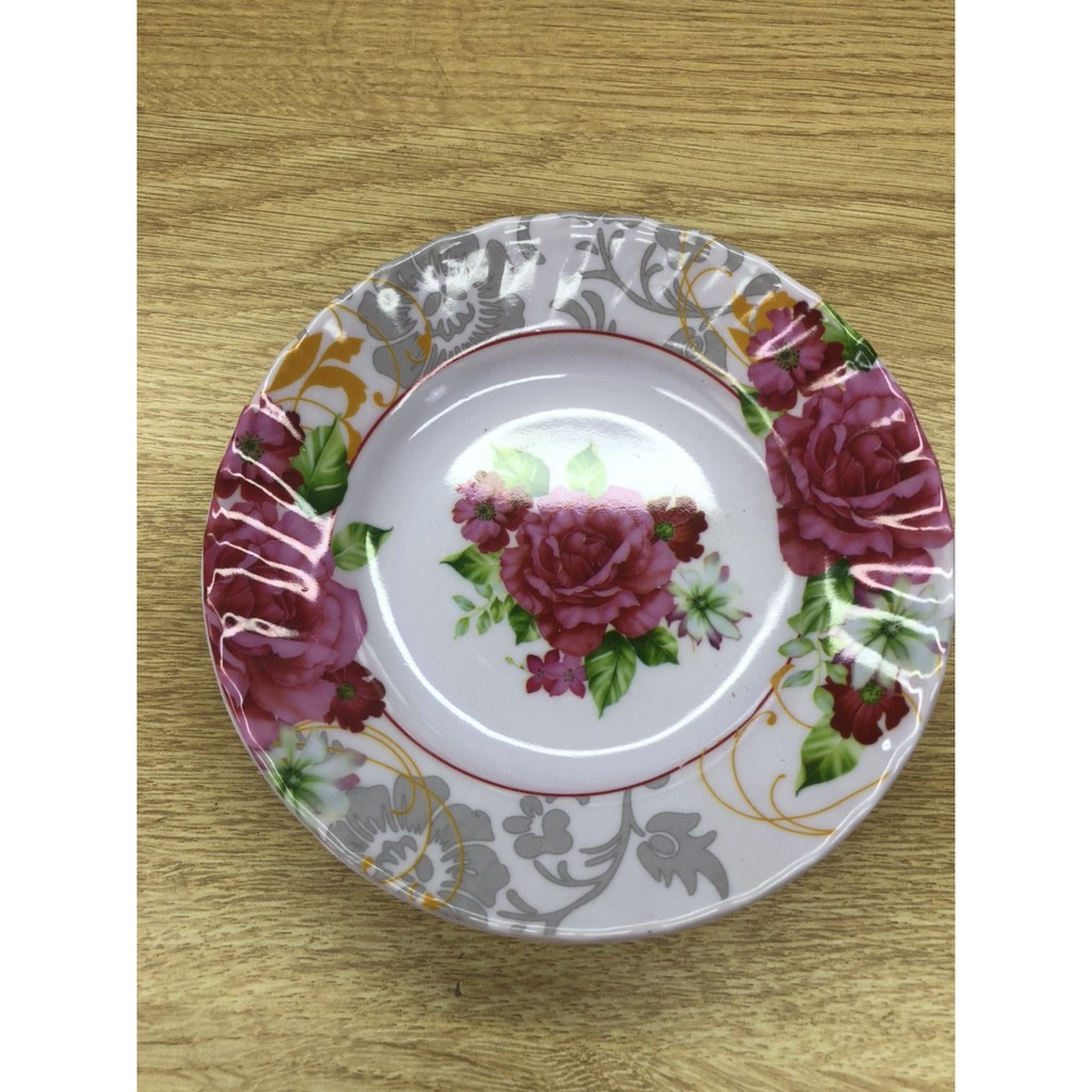 dĩa melamine tròn 16 cm sâu hoa văn bông nền màu trắng ( 1 cái )