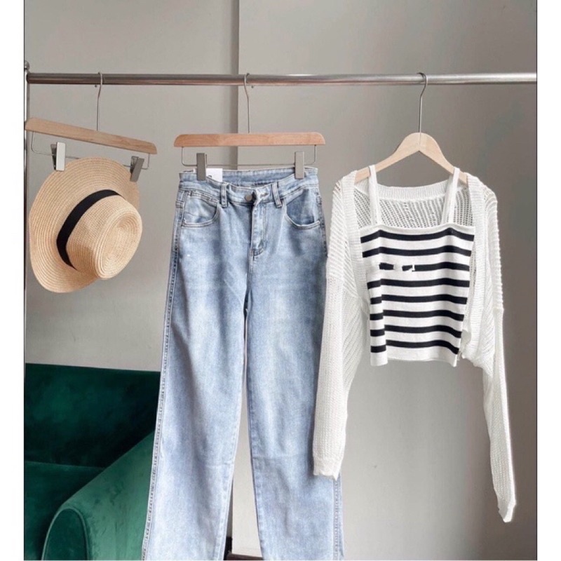Set áo len 2 dây kẻ croptop kèm khoác len dệt kim siêu xinh