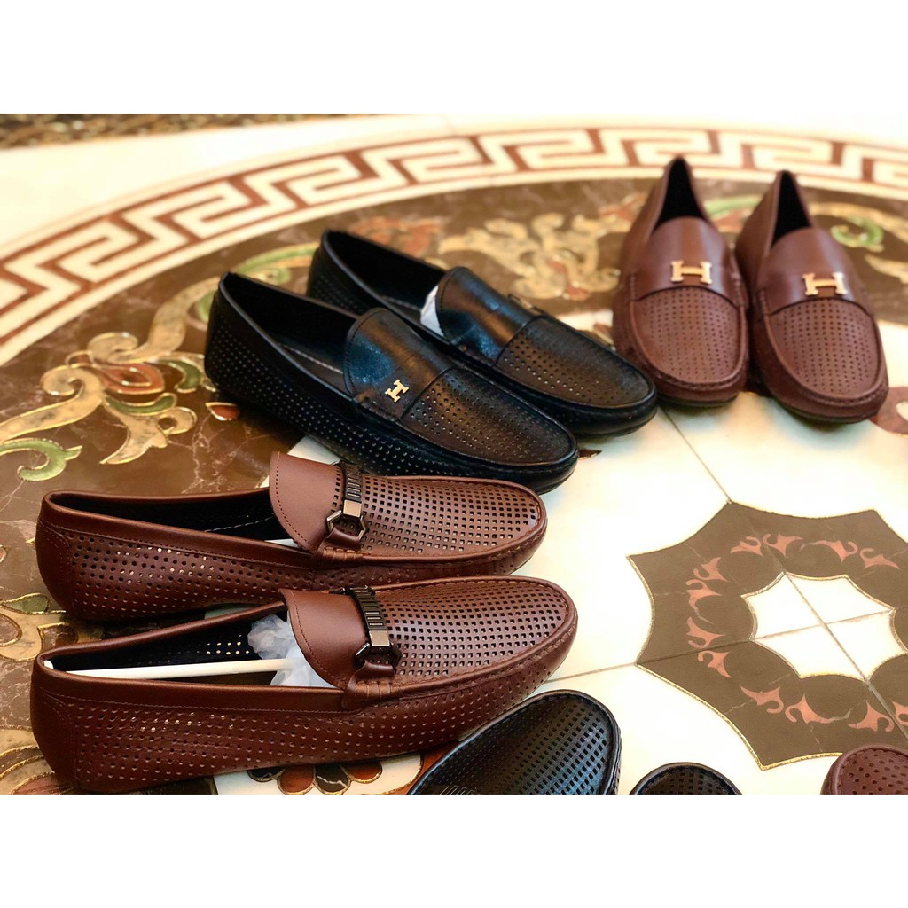 Giầy lười nam da thật đục lỗ thoáng khí mới 2020 3 màu đen nâu vàng bò