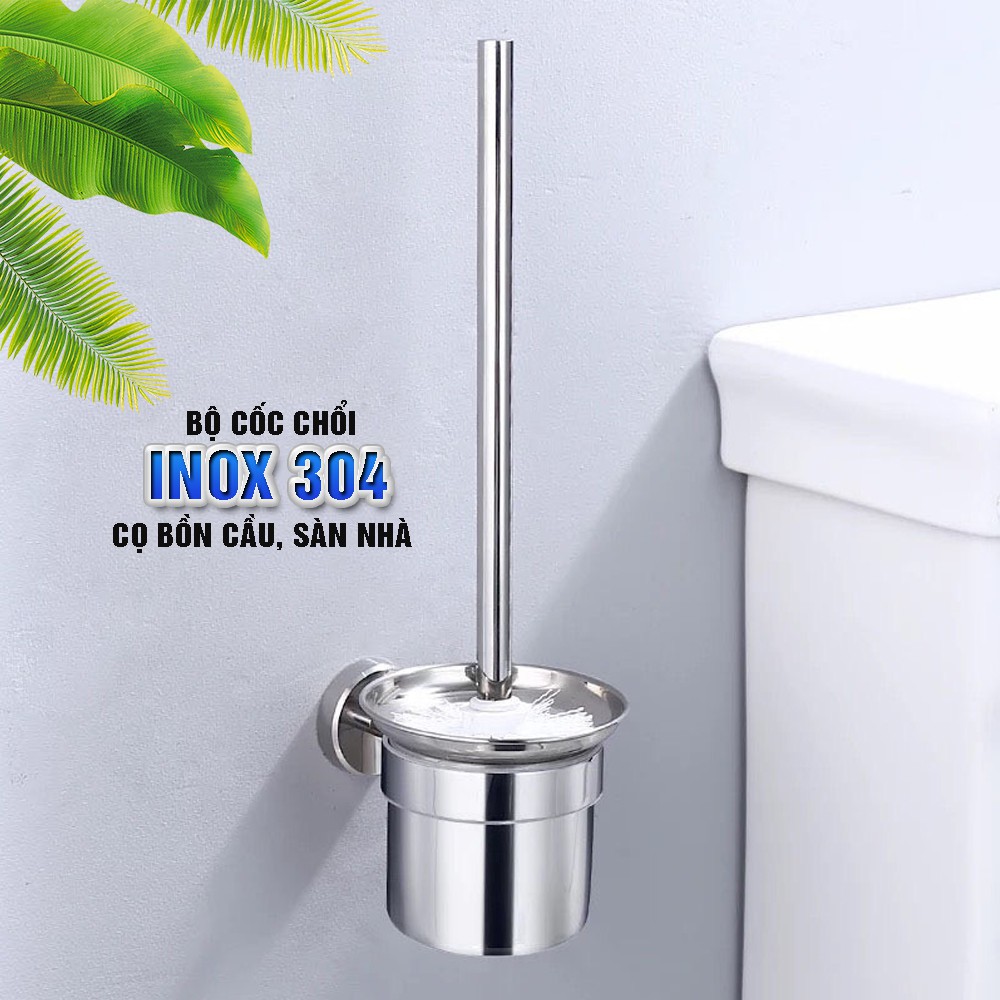 Cốc chổi cọ bồn cầu, toilet nhà vệ sinh treo tường, có giá đỡ, Inox 304 kháng khuẩn, không cần khoan, Dan House