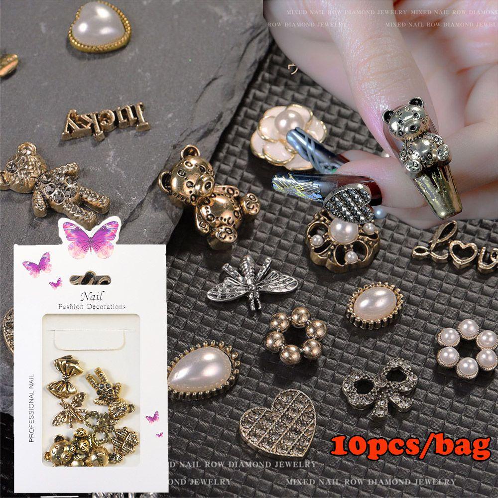 Set 10 Móng Tay Giả Hợp Kim In Chữ / Nơ / Trái Tim / Trái Tim