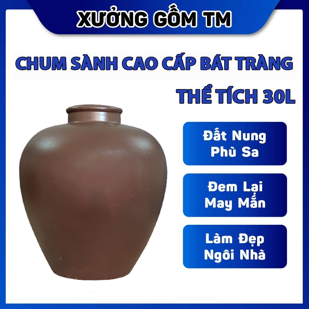 Chum Sành Đựng Gạo, Đựng Nước, Ngâm Rươu Mẫu Trơn 30L Gốm Sứ Bát Tràng