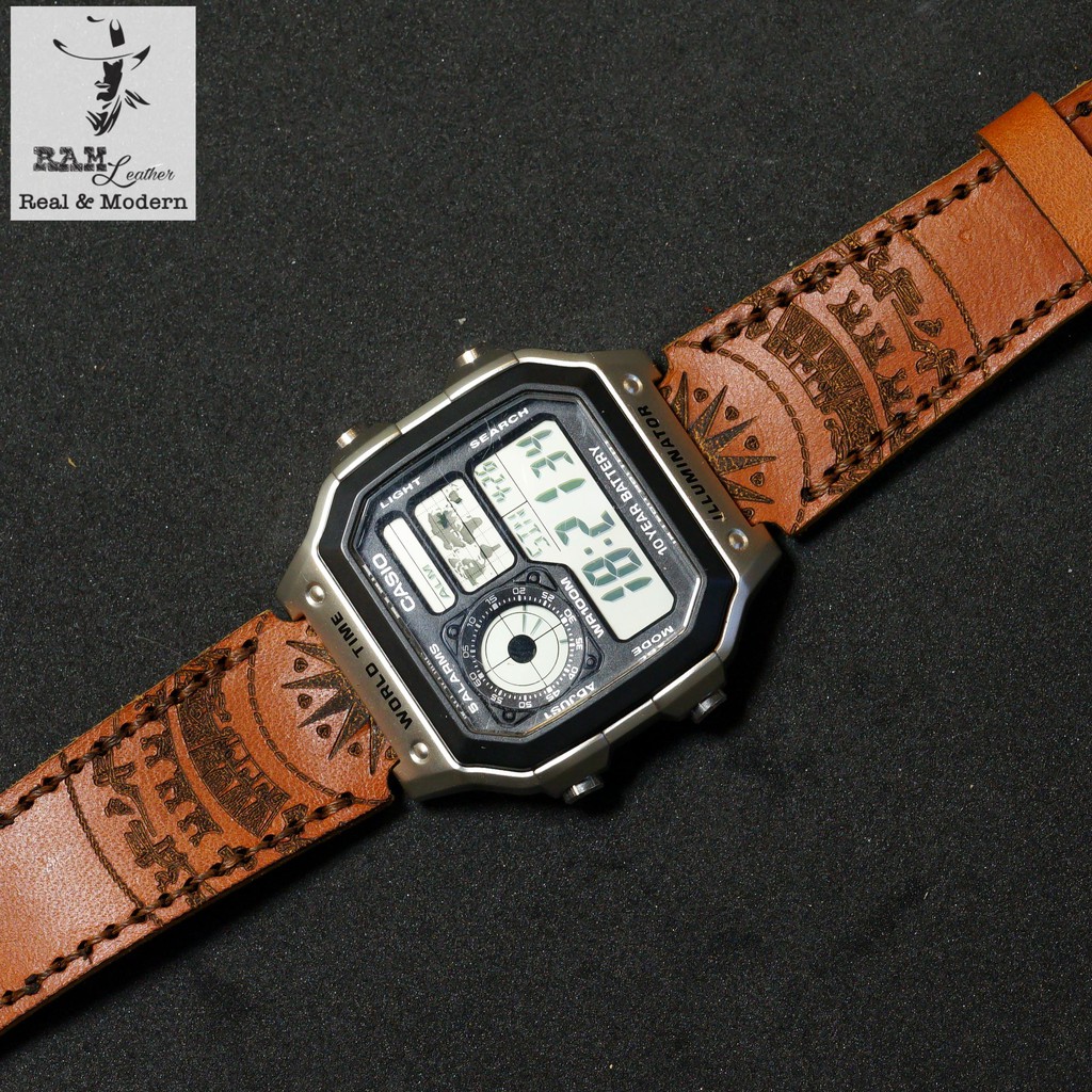 Dây đồng hồ RAM Leather Trống đồng cho CASIO 1200, AE 1200, 1300, 1100, A159 , A168 , Size 18 da bò nâu đỏ