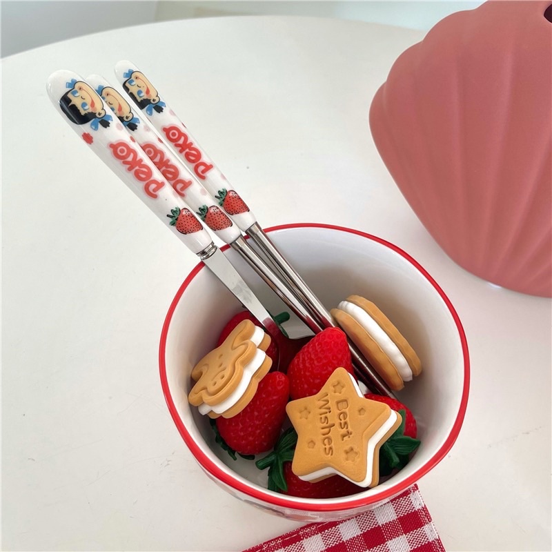 Set bát đĩa gốm sứ cao cấp và bộ thìa đũa inox cán sứ hoạ tiết cô bé Peko dễ thương decor cho căn bếp của bạn